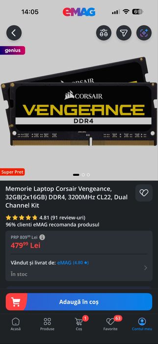 Memorie Laptop Corsair Vengeance, 32GB(2x16GB) DDR4