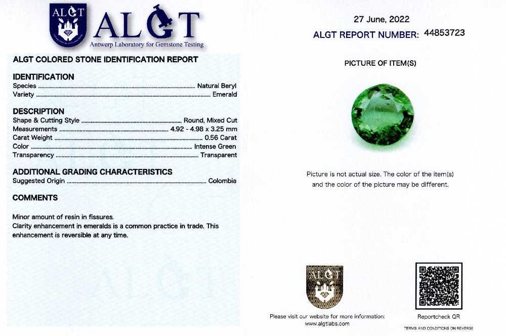 Smaralde nemontate 0,56 - 0,57 ct., ALGT Antwerp (cod 9060, 9062)