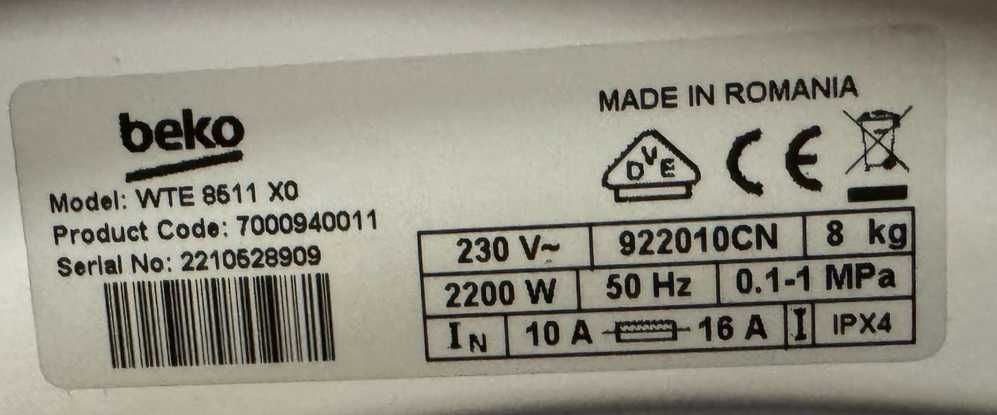 Гаранционна пералня BEKO WTE 8511 X0: 8kg,1000 об/мин,инверторен мотор