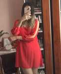 Rochie rosie/corai, scurta, A line, maneci decupate, voal, usoara, S