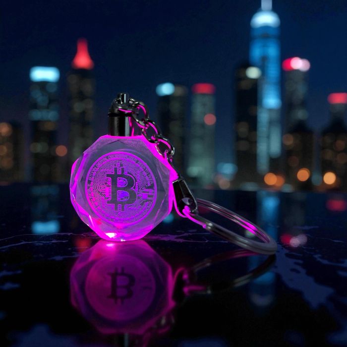 Breloc LED Bitcoin din sticlă – iluminare multicolor, ediție premium