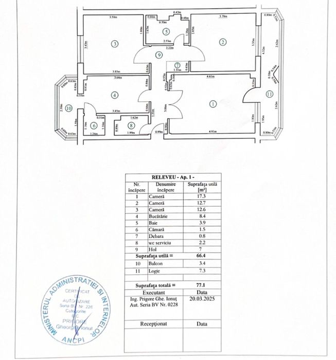 Apartament 3 camere, suprafata totala 77,1 mp
