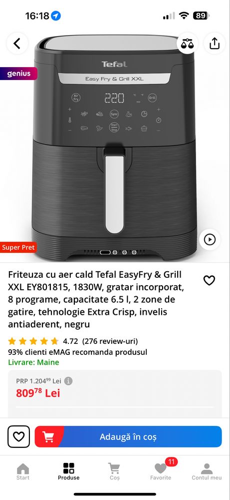 Friteuză cu aer cald Tefal Easy Fry & Grill XXL, 2 în 1