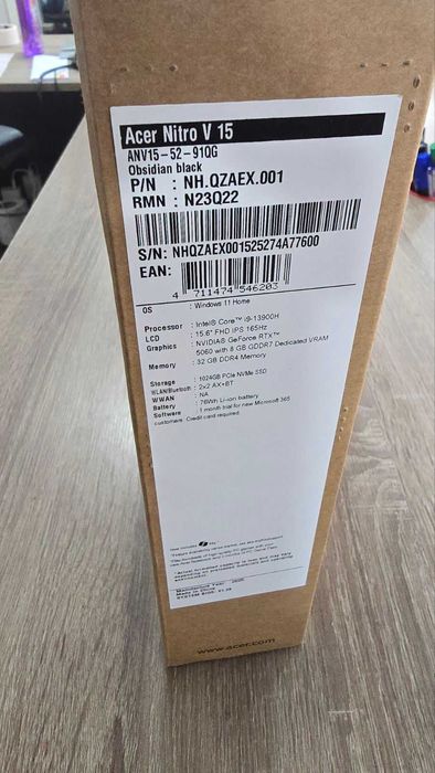 Лаптоп Acer Nitro V15 / RTX 5060 /32 RAM/ 1TB M.2 NVMe SSD /Intel i9 /