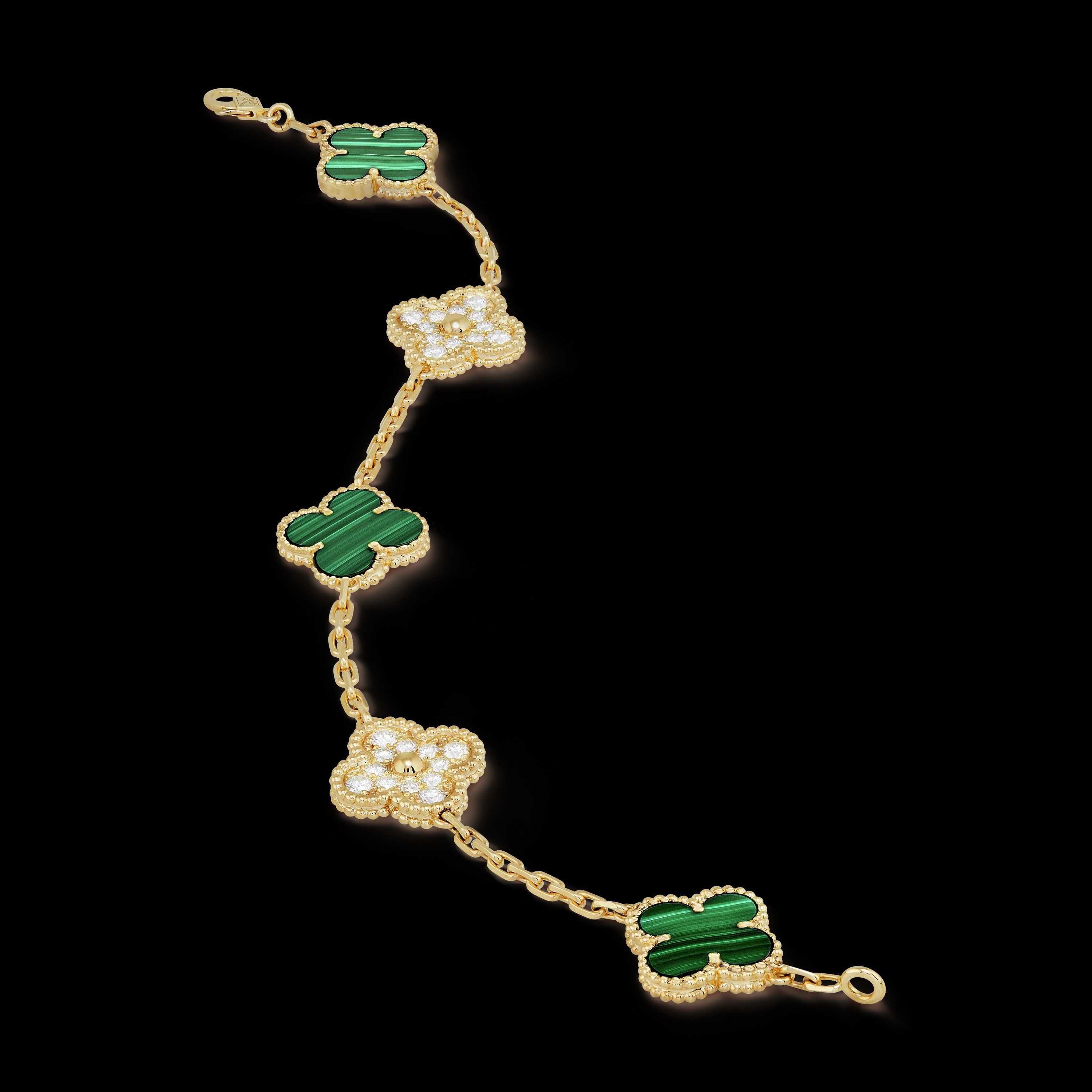 Van Cleef & Arpels VCA Rose Gold Green 5 Alhambra Clover Дамска Гривна