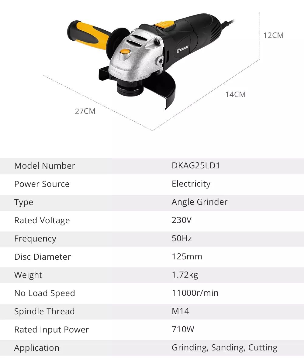 Ъглошлайф DEKO DKAG25LD1, 710W, D-125 мм,11000 об/мин. М14, 230V-50 Hz