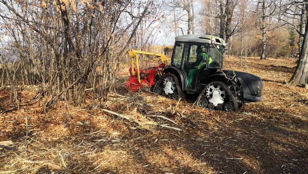 Tractor senilat Carraro Mach4 cu tocător forestier Seppi Miniforst 175