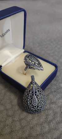 Уникален сребърен комплект пръстен и медальон в ретро стил.