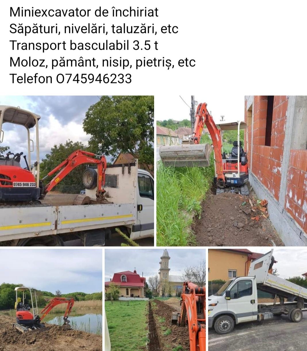 Servicii cu miniexcavator și transport basculabil