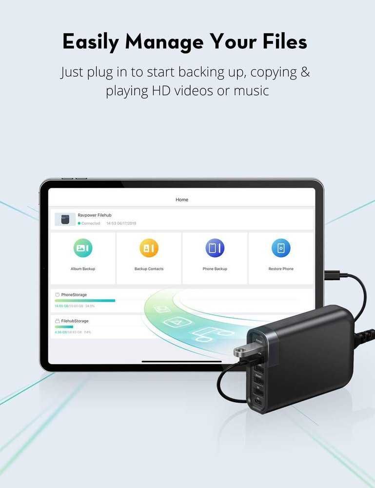 RAVPower USB Filehub-зарядно с 6 извода,PD,QC3.0 за трансфер на данни