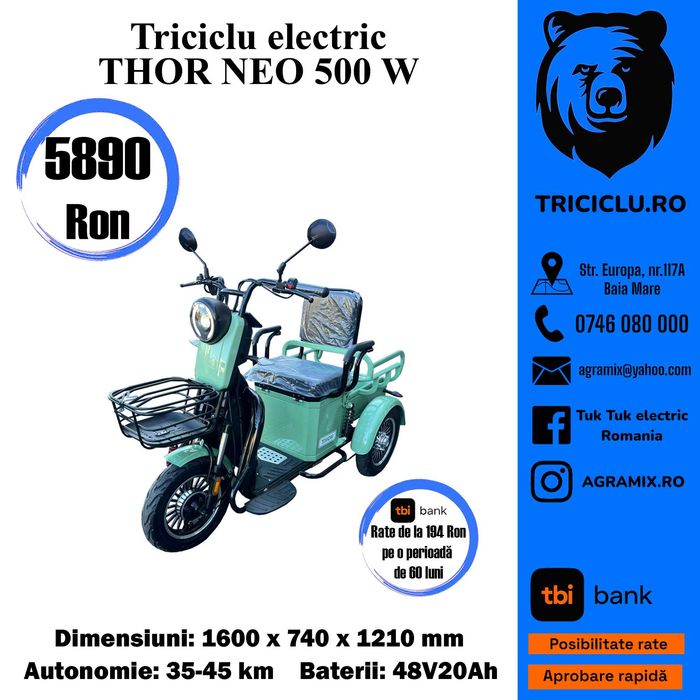 Triciclu electric - model THOR NEO, culori- rosu/verde/visiniu