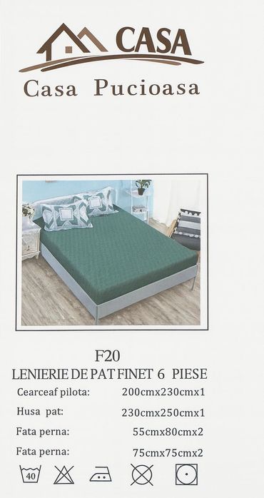 Lenjerie pat bumbac finet Casa Pucioasa 6 piese -model geometric verde