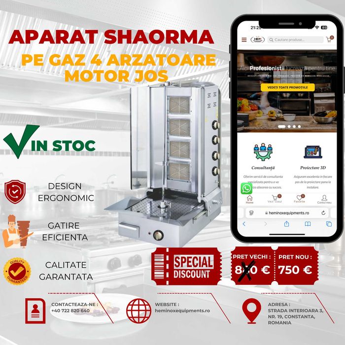 Aparat De Shaorma Inox Cu 3,4 Sau 5 Arzatoare Motor Jos GPL sau GN