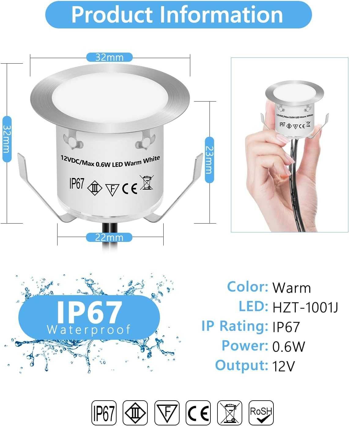 НОВИ! LED лампи  за двор, пътеки, IP67, 32 мм, 16 бр/к-кт
