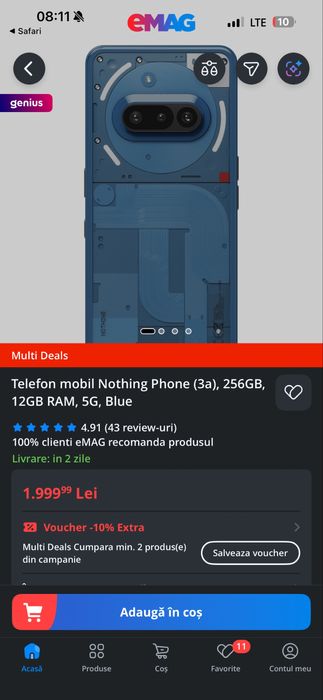 Telefon mobil Nothing Phone 3A - 256GB, 12GB RAM, 5G, Blue SIGILAT