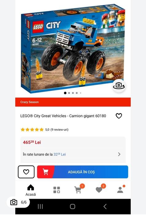 LEGO Camion gigant 60180 Lego City Great Vehicles cu carte