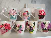 Чаши, декорирани ръчно с полимерна глина, флорални мотиви