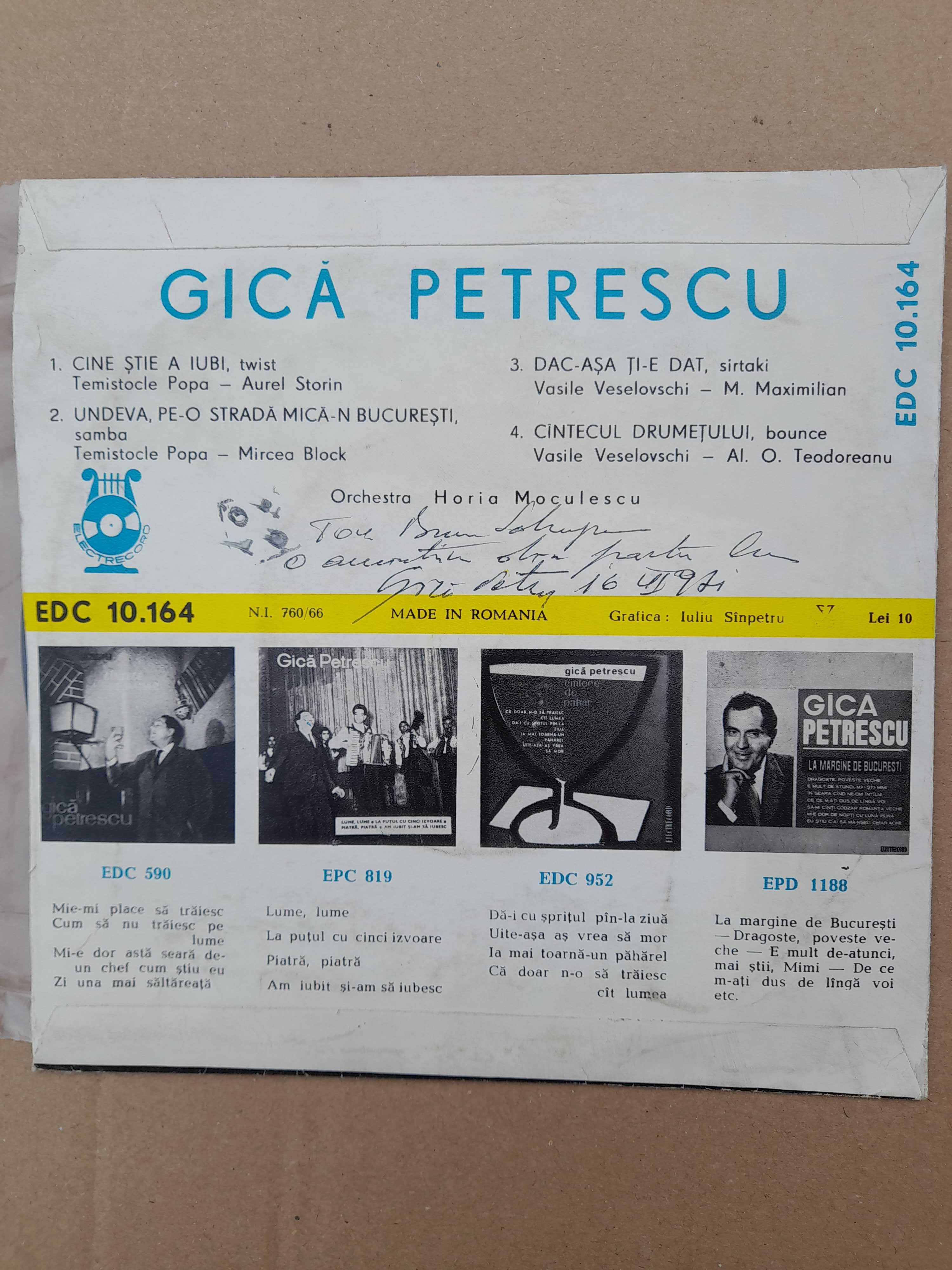 Disc vinil Gica Petrescu, cu autograf, dedicatie si data