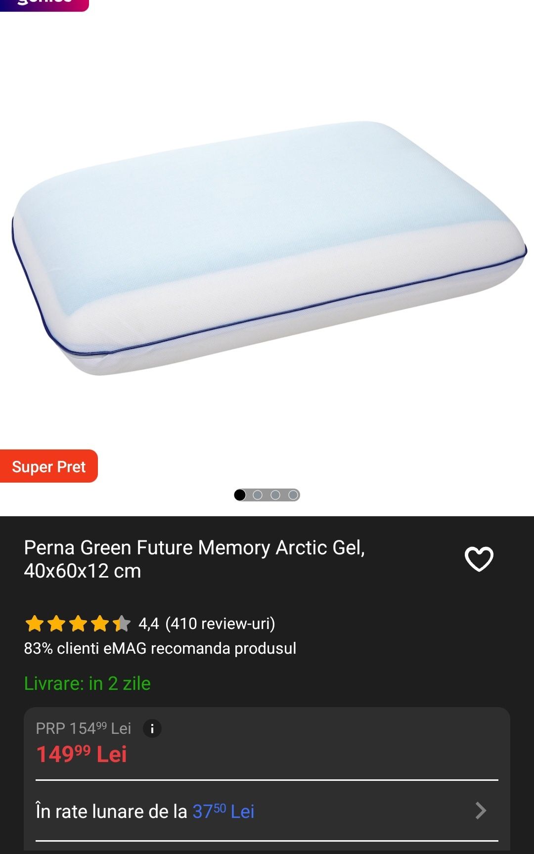 Perna Memory Gel, 40x60x12 cm NOUĂ 50% REDUCERE