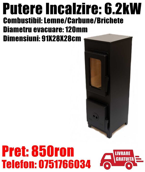 Semineu Incalzit Lemne Samotat Sticla Bucatarie Baie Camera 6.2kW CL