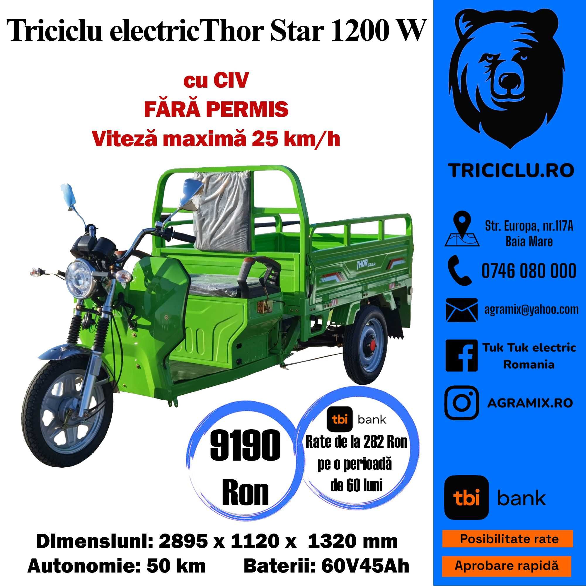 STAR THOR verde fara permis cu CIV triciclu electric nou Agramix