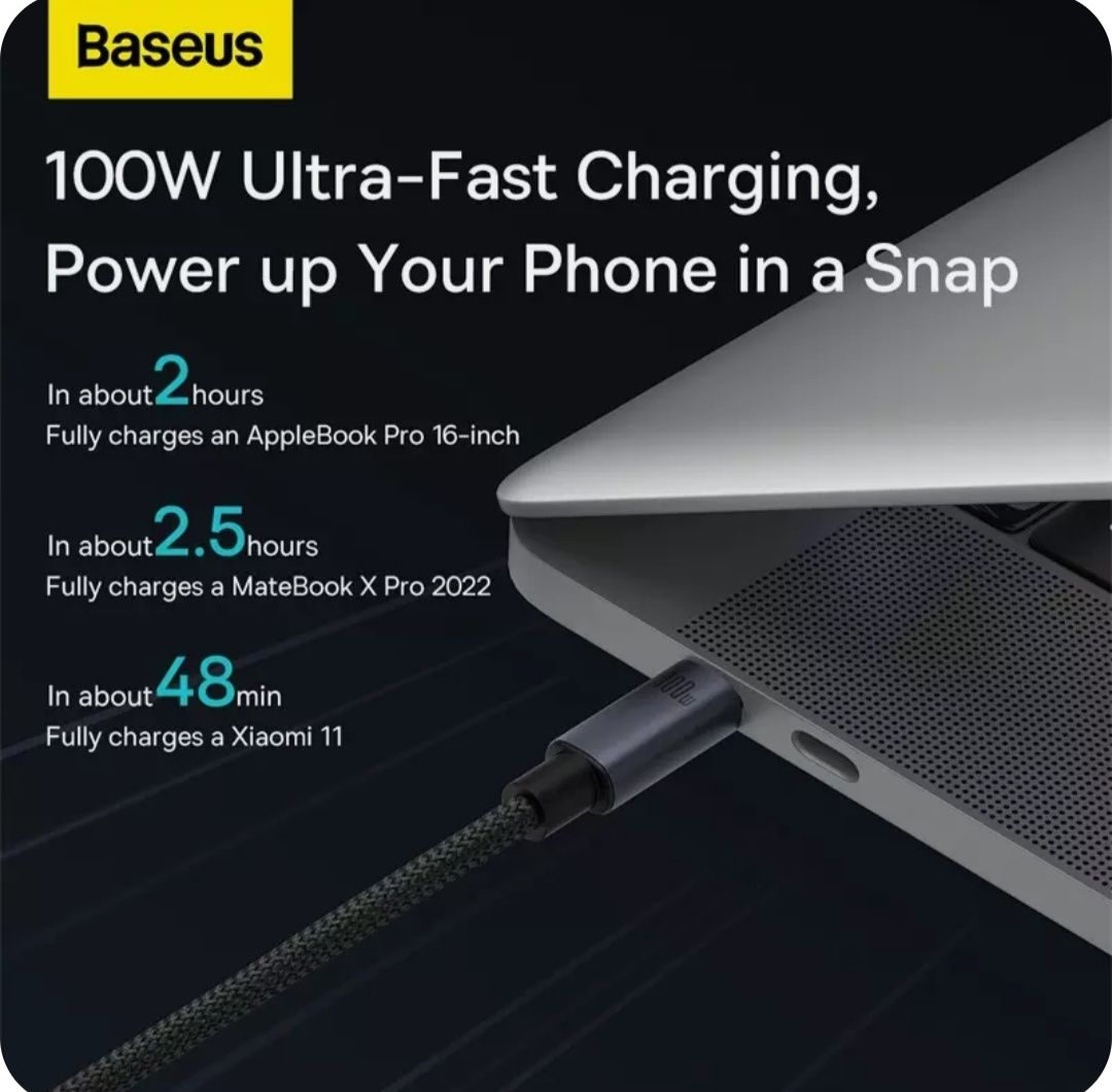 Качественный 2метровый кабель USB Type C Baseus, быстрая зарядка 100w.