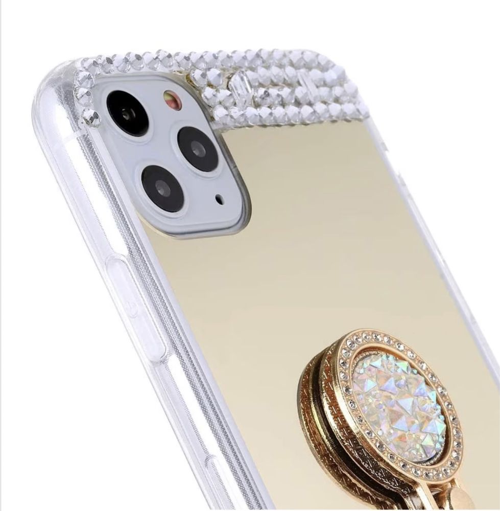 Husa tip oglinda cu inel si pietricele pentru iPhone 15 / 15 Plus