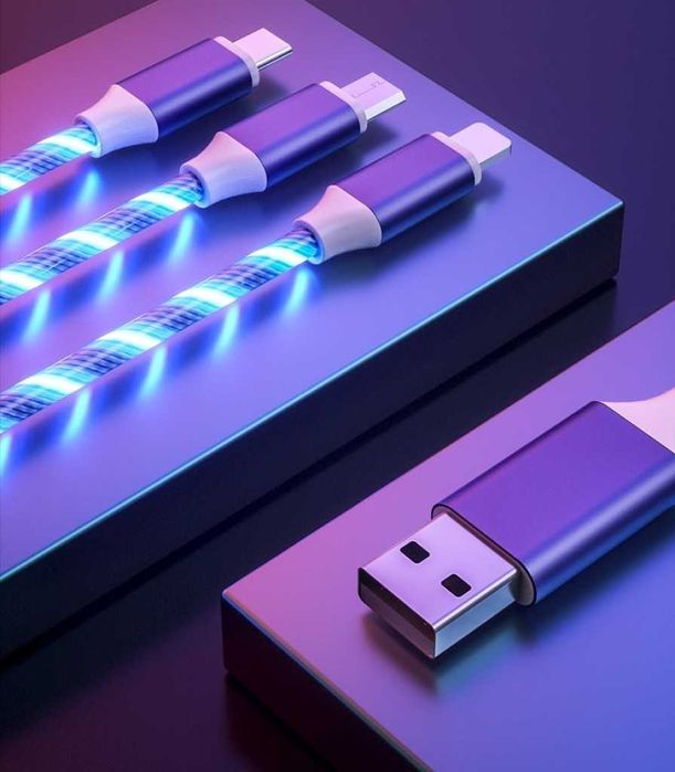 Светещ, троен кабел с накрайници за iPhone  TYPE C  microUSB