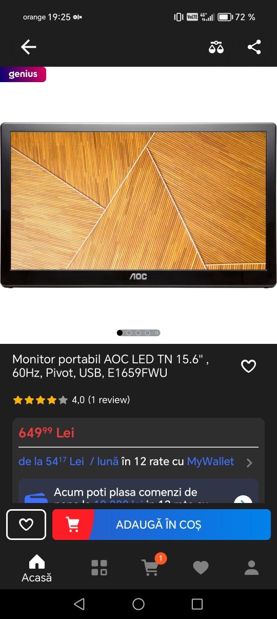 Monitor portabil AOC LED TN 15.6'' , 60Hz, Pivot, USB, E1659FWU