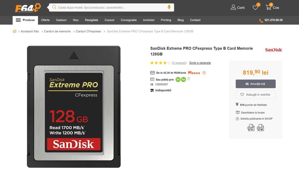 SanDisk Extreme PRO CFexpress Type B Card Memorie 128GB