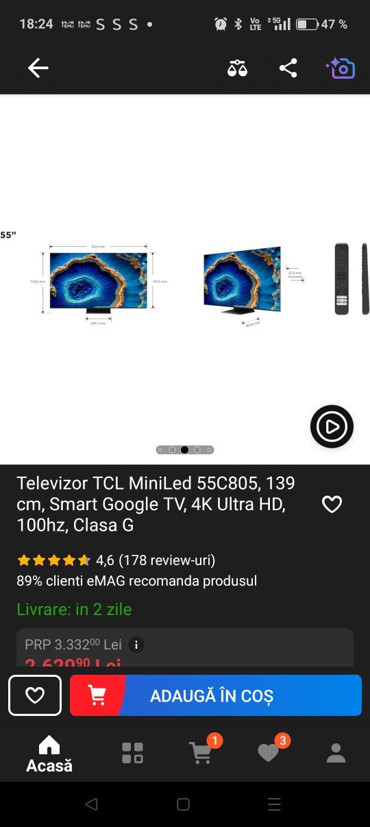Vând Televizor TCL MiniLed QLED 139 cm.