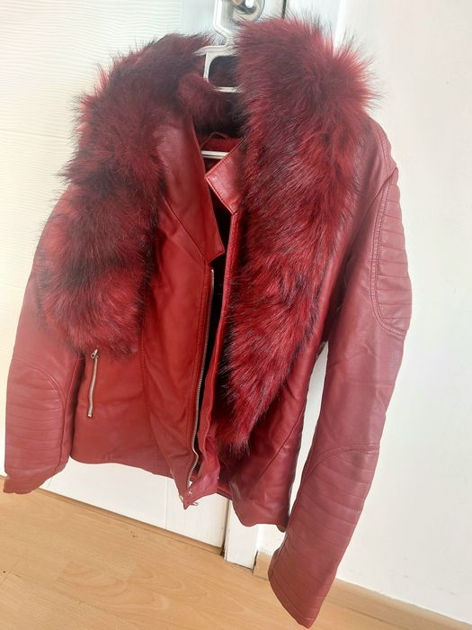 Зимно кожено яке бордо с пух