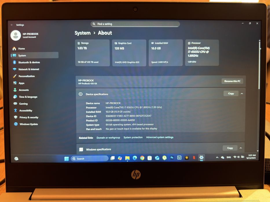 Hp-Probook Intel(R) Core(TM) i7-8565U CPU 1.80GHz (1.99 GHz)