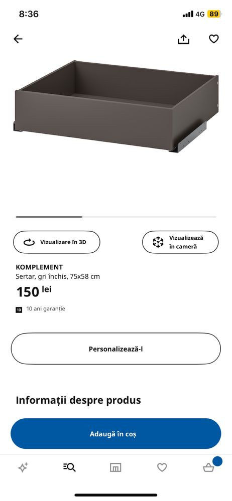 Sertar Komplement dulap Pax Ikea 75x58 negru/gri inchis