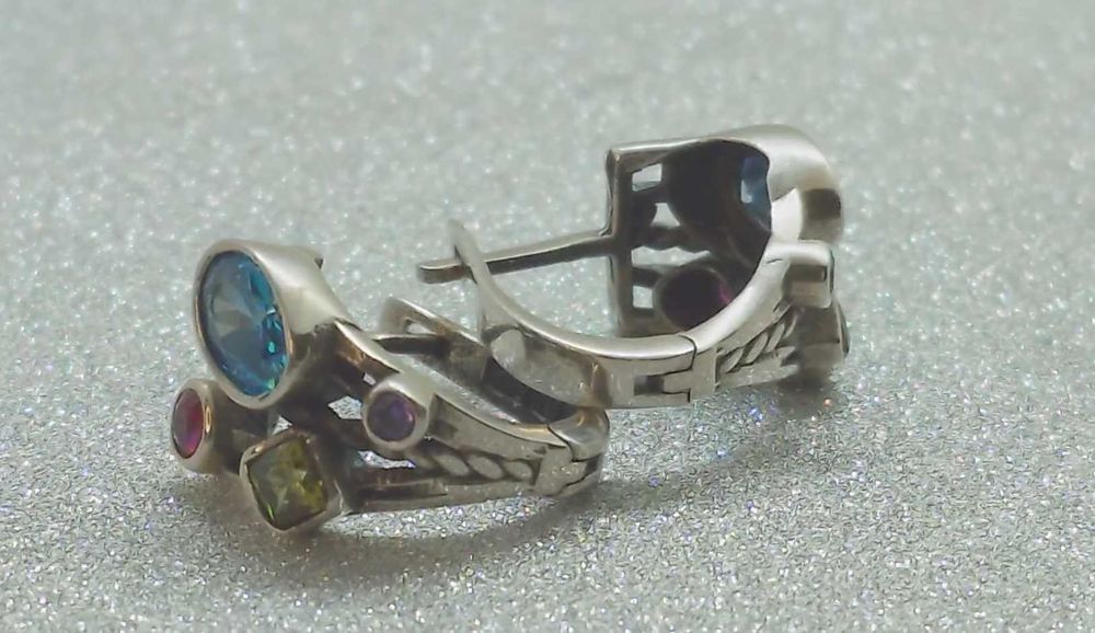 Cercei din argint 925 cu acvamarin, rubin, peridot și iolit