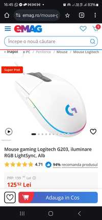 Mouse gaming Logitech G203, iluminare RGB LightSync, Alb