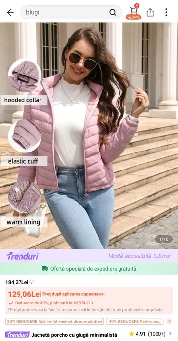 Geaca nou roz, mărime M