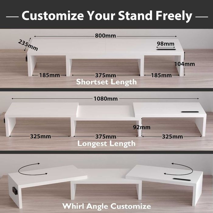 Suport din lemn pentru monitor, laptop, lungime ajustabila, Alb