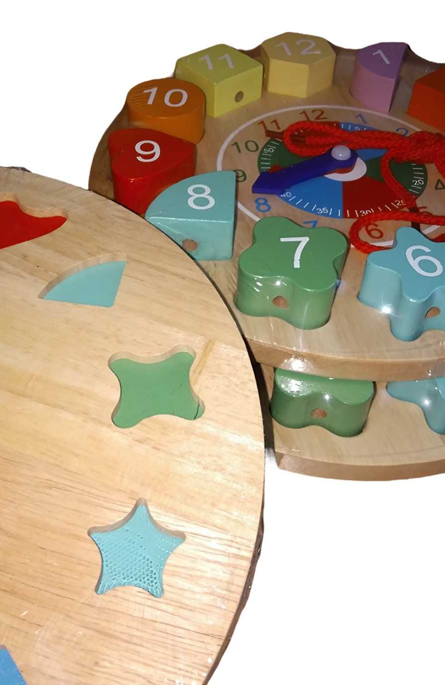 Масивен дървен детски часовник с фигури и връв  Монтесори дървени игри