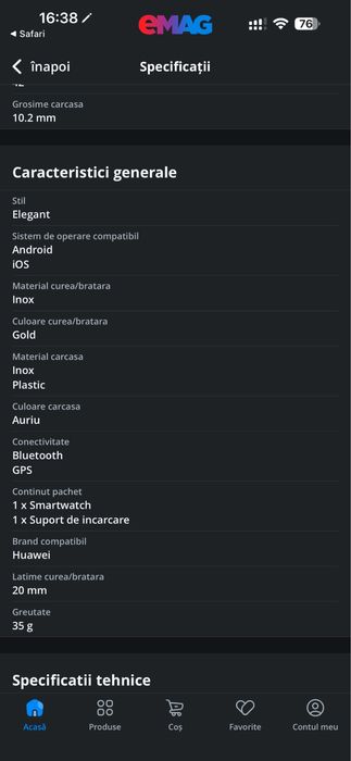 Smartwatch Huawei Watch GT 3 Elegant Edition Gold