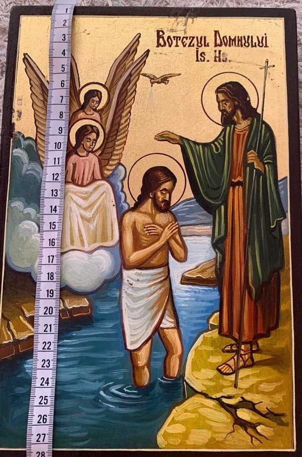 Icoana ortodoxa Botezul Isus Hristos Sf Ioan Sf Nicolae lemn sfintita