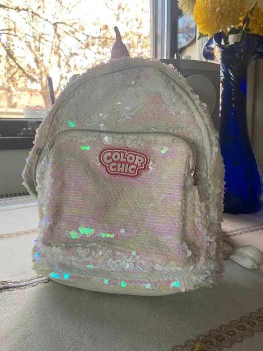 Rucsac fete Chic Color cu paiete albe