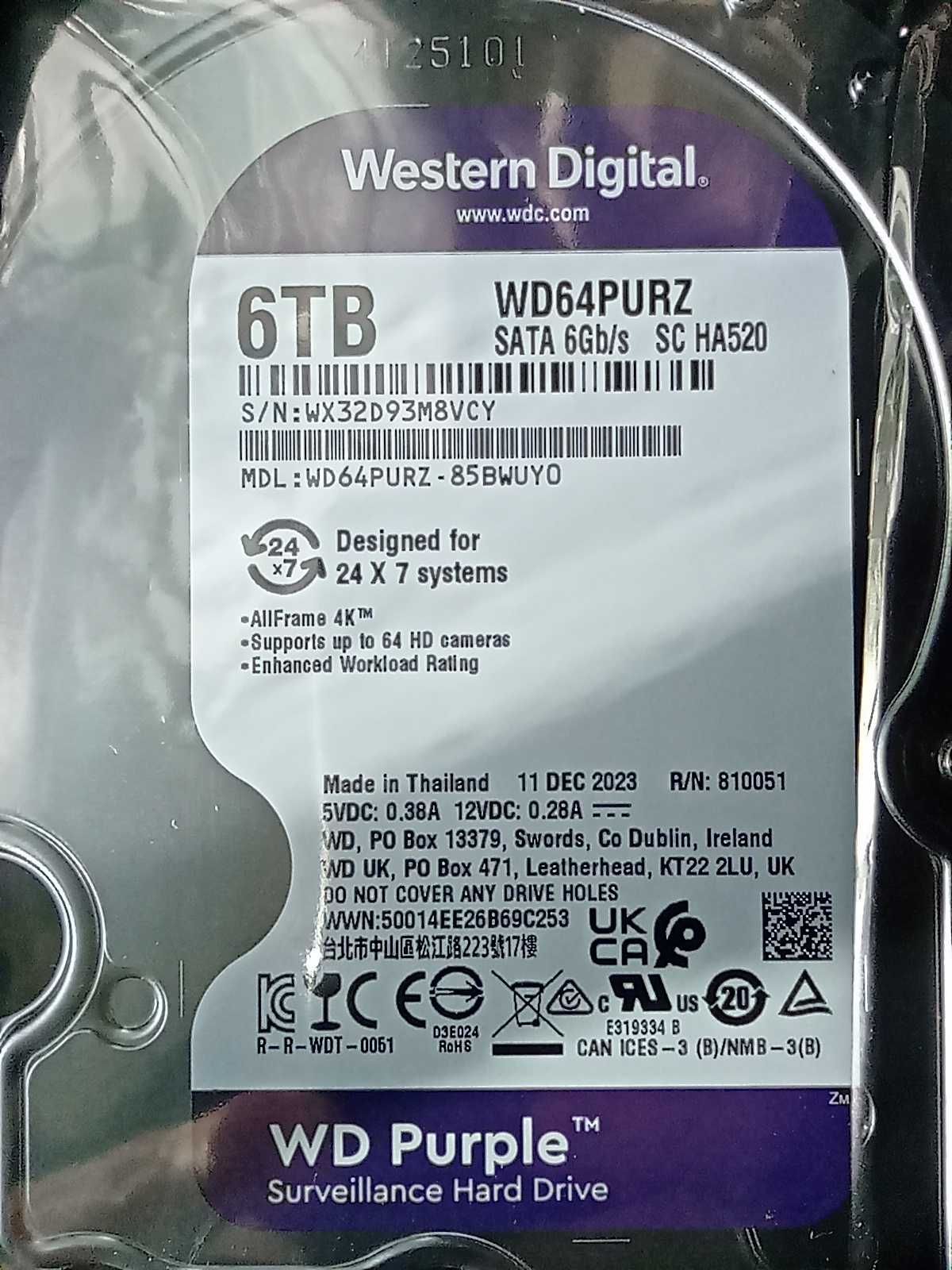 HDD WD Purple SATA III (6Gb/s) 3.5" 6TB, WD64PURZ. Новый!