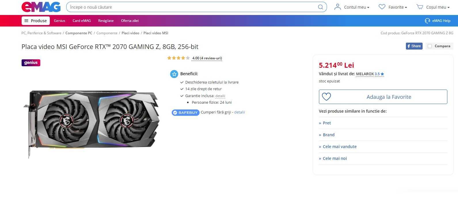 Placa video MSI GeForce RTX 2070 GAMING Z, 8GB, 256-bit , ca noua