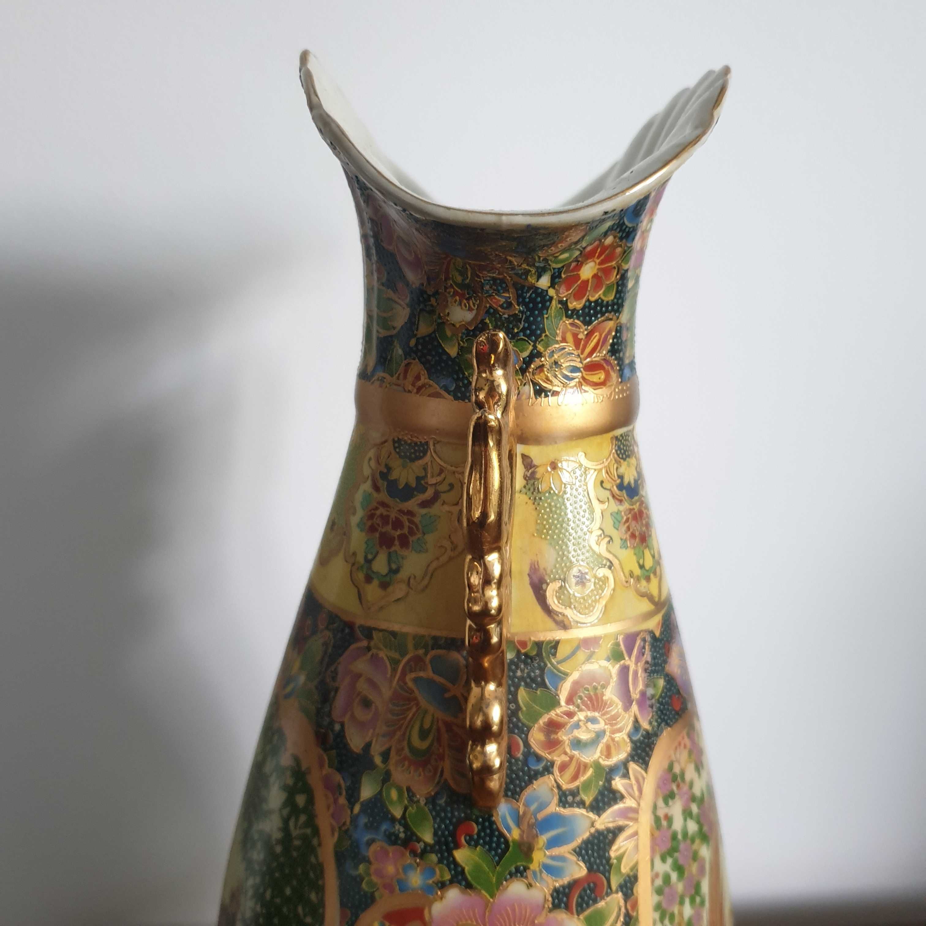 Vaza asiatica aurie cu pauni pictata manual stil satsuma, vaza vintage
