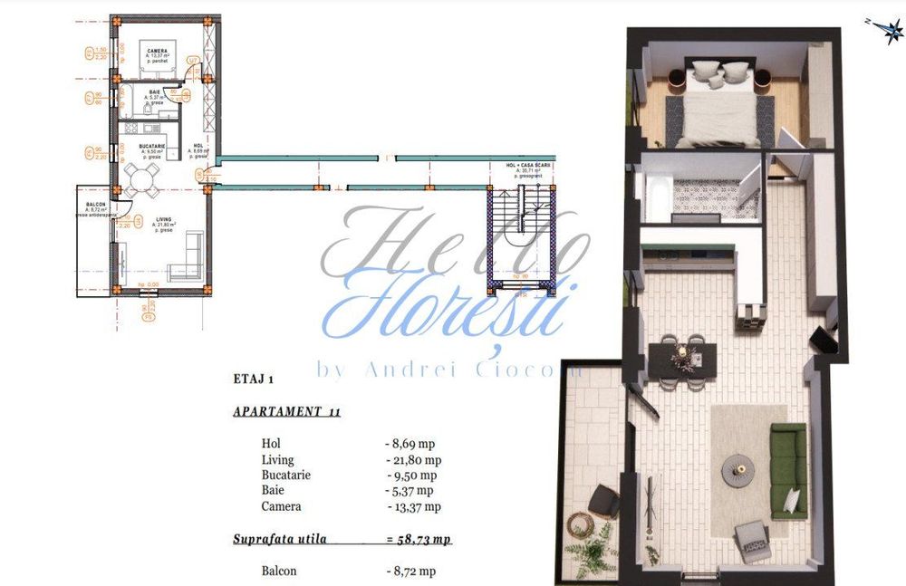 Apartament 2 camere cu terasa, semifinisat, 59 mp, zona Terra Gardens,