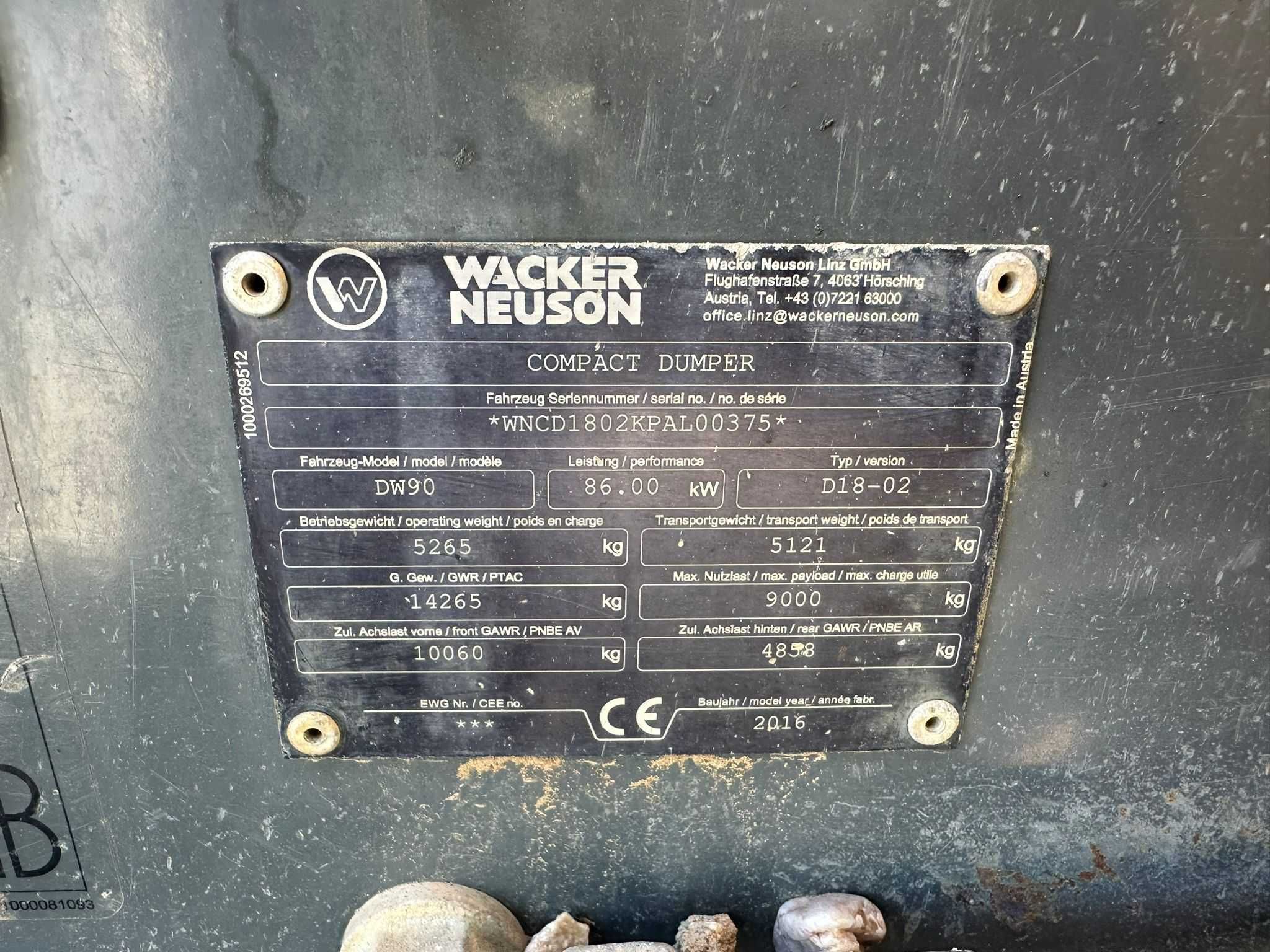 Dumper 9 tone Wacker Neuson DW90 , 2016