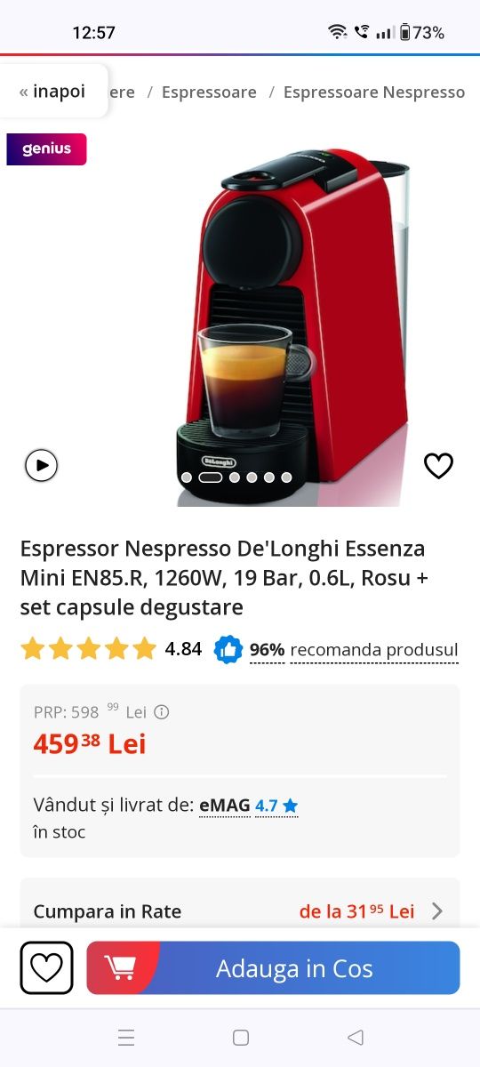 Vând espressor Nespresso by De'Longhi