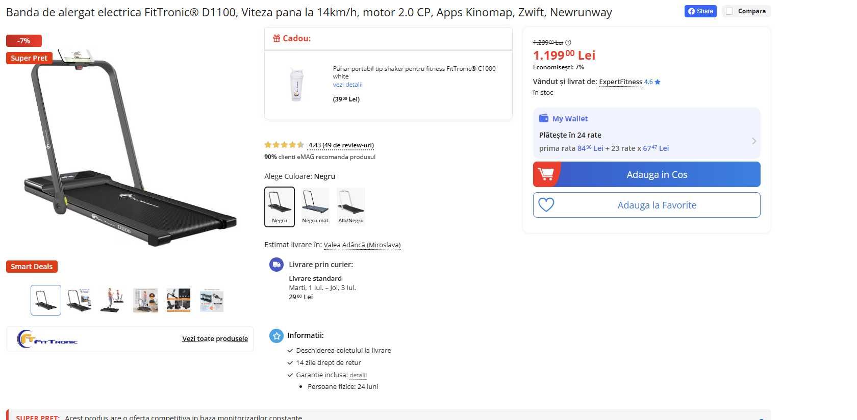Banda de alergat electrica FitTronic® D1100, Viteza pana la 14kmh