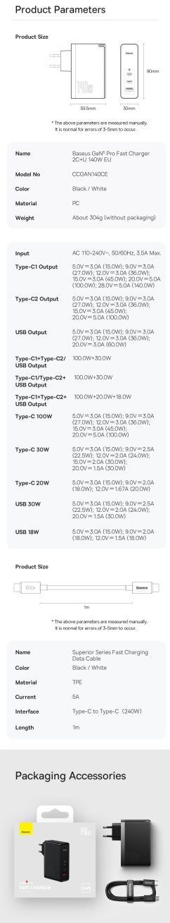 Baseus 140W GaN⁵ Pro Fast Charger 2C+U For Laptop/Macbook/Ultrabook